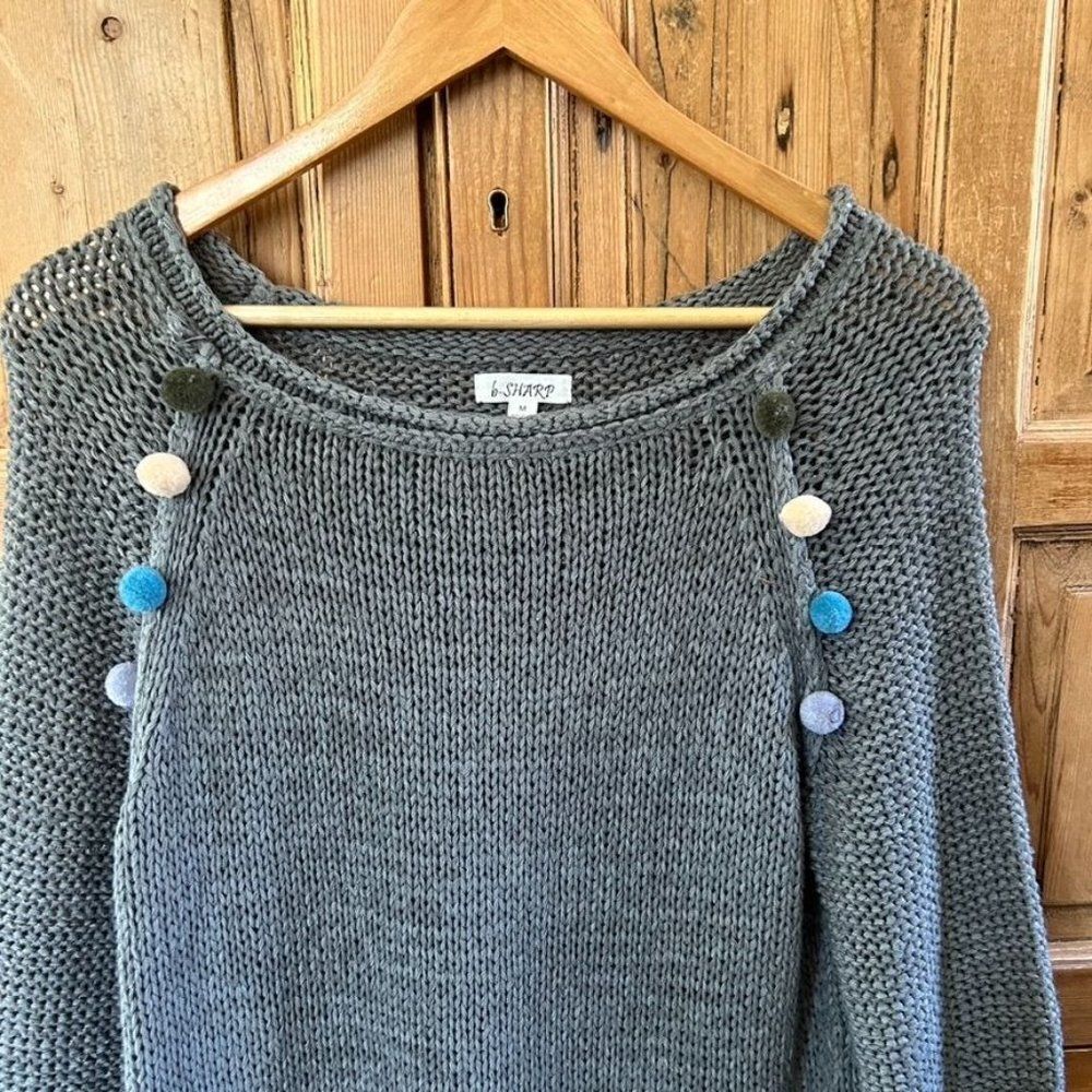 b - Sharp Medium Gray Knit Sweater Puff Balls Chunky - Picture 2 of 13